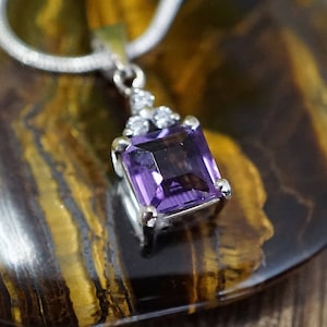 Genuine Square Amethyst Gemstone Sterling Silver Rhodium Plated Pendant with necklace, February birthstone, Gift for her