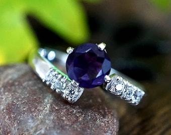 Echte Amethyst Edelsteine Rhodium vergoldet Sterling Silber Ring, einzigartige Ring, Februar Geburtsstein, Weihnachtsgeschenk für ihre-US Größe 7