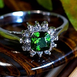 Natural Chrome Diopside medium-dark green color Gem in Sterling Silver, Rhodium plated Cluster Ring US Size 7, Gift For Special someone