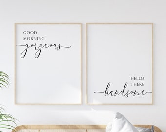 Buenos días Magnífico Hola guapo, Sobre la cama arte de pared, Conjunto de 2 impresiones, Arte de pared romaánico, DESCARGA DIGITAL