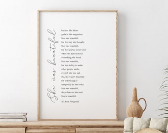 She Was Beautiful Fitzgerald Quote, She was Beautiful F. Scott Fitzgerald Quote, She is Beautiful, minimal quote wall art, DIGITAL DOWNLOAD