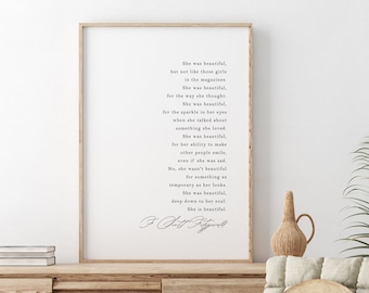 She Was Beautiful Fitzgerald Quote, She was Beautiful F. Scott Fitzgerald Quote, She is Beautiful, minimal quote wall art, DIGITAL DOWNLOAD
