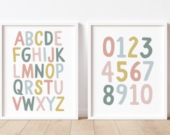 Alphabet poster, ABC poster, numbers poster, educational prints, girls nursery print, playroom poster, nursery abc poster, set of 2 prints