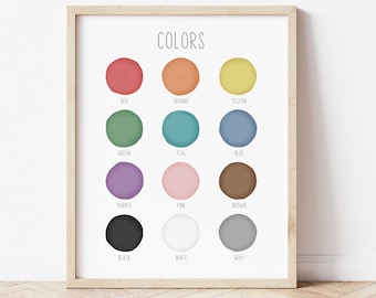 Cartel de colores, estampado de colores, grabados educativos, impresión infantil, cartel educativo, cartel de sala de juegos, cartel de colores infantiles, decoración de la escuela en casa