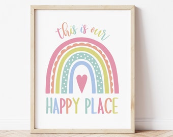 Dit is onze Happy Place afdrukbaar, Dit is onze happy place poster, speelkamer bord, regenboog muur kunst, DIGITALE DOWNLOAD, PASTL
