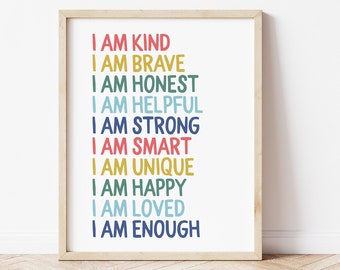 Kid Affirmations, Kid affirmation print, póster inspirador para niños, impresión de sala de juegos de arco iris, arte de pared positivo de la sala de juegos, BRTE1