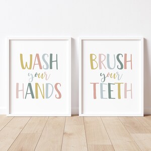 Wash your hands, brush your teeth, Bathroom prints, kids bathroom wall art, kids bathroom printable, set of 2 prints, DIGITAL DOWNLOAD