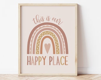 Dit is onze Happy Place afdrukbaar, dit is onze gelukkige plaats poster, boho speelkamer bord, boho regenboog kunst aan de muur, DIGITALE DOWNLOAD, ERTH