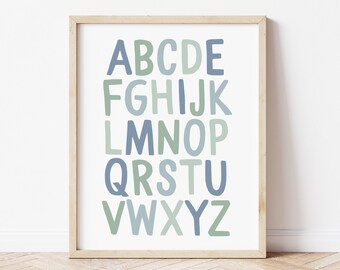 Alphabet poster, alphabet print, ABC poster, educational prints, boys nursery printable art, educational poster, blue ABC print