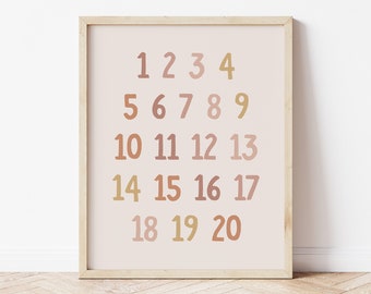 Numbers print, educational print, neutral playroom poster, boho nursery wall art,  boho playroom decor, Digital Download, ERTH