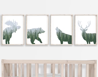 Woodland Nursery Decor, Set of 4 prints, Green woodland wall art, boy nursery print, Outdoor nursery print, Deer nursery, Bear, Moose, Wolf