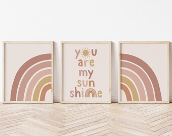 You are my sunshine wall art, Set of 3 playroom prints, boho nursery prints, girls nursery print, Rainbow wall art, boho nursery decor, ERTH
