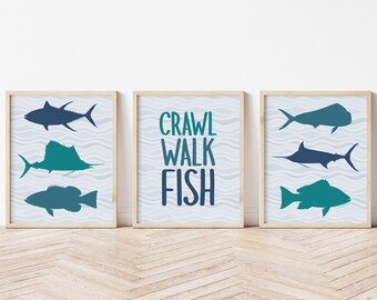 Fishing Nursery Decor, Set of 3 prints, Saltwater fish wall art, Crawl walk fish, Fish nursery prints, Outdoor nursery print, Fish nursery