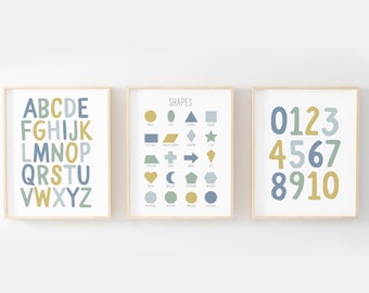 Alphabet poster, numbers poster, educational prints, classroom decor set boys nursery print, playroom poster, set of 3 prints