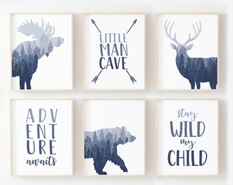 Woodland Nursery Decor, Set of 6 prints, Woodland wall art, blue boy nursery prints, Outdoor nursery print, Deer nursery print, Bear, Moose