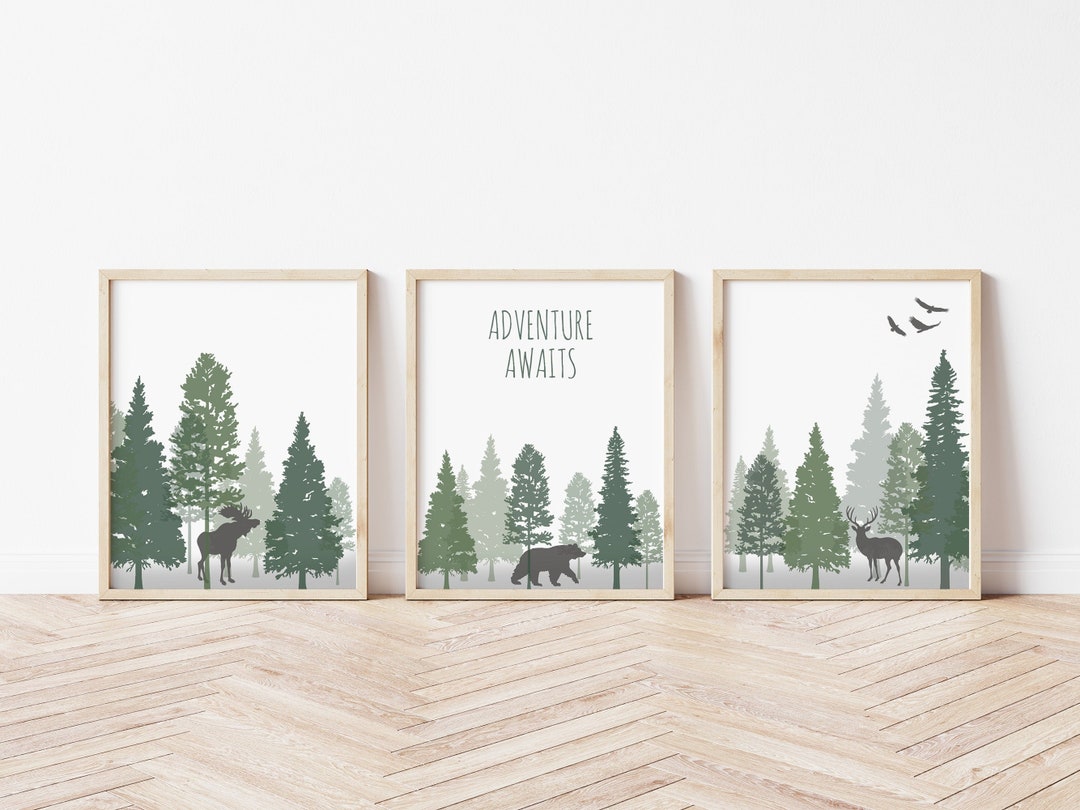 Woodland Nursery Wall Art, Adventure Awaits, Set of 3 Prints, Boy ...