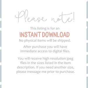 May include: A digital download announcement with the text "Please note!" in a script font. The text emphasizes that the listing is for an instant download, with no physical items shipped. The background is light blue with white polka dots.