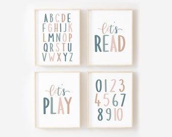 Lets Read print, lets play print, playroom prints, educational prints, Neutral kids room decor, playroom poster, set of 4 prints, NTL1