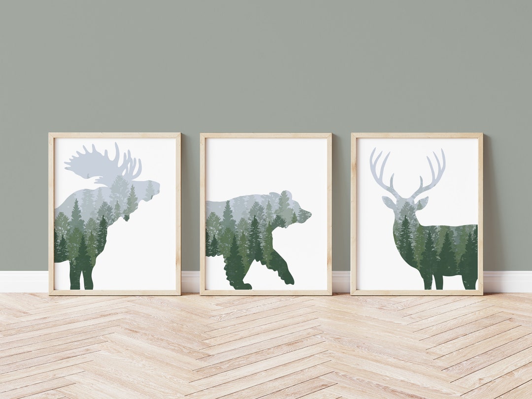 Woodland Nursery Decor, Set of 3 Prints, Green Woodland Wall Art, Boy ...
