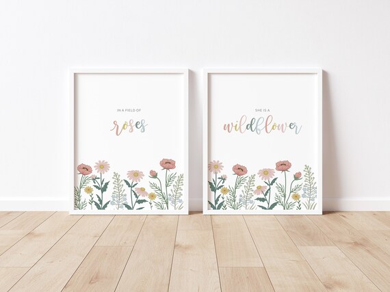 In a field of roses she is a wildflower, wildflower print, set of 2, boho nursery print, playroom poster, girl nursery, DIGITAL DOWNLOAD