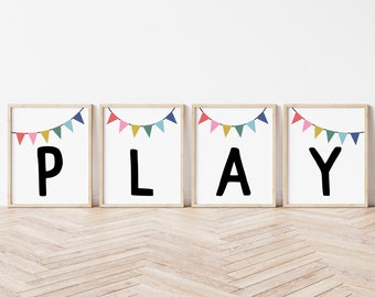 Play letters wall art, Set of 4 playroom prints,  Playroom printables, Playroom wall decor, Rainbow playroom decor, DIGITAL DOWNLOAD, BRTE1