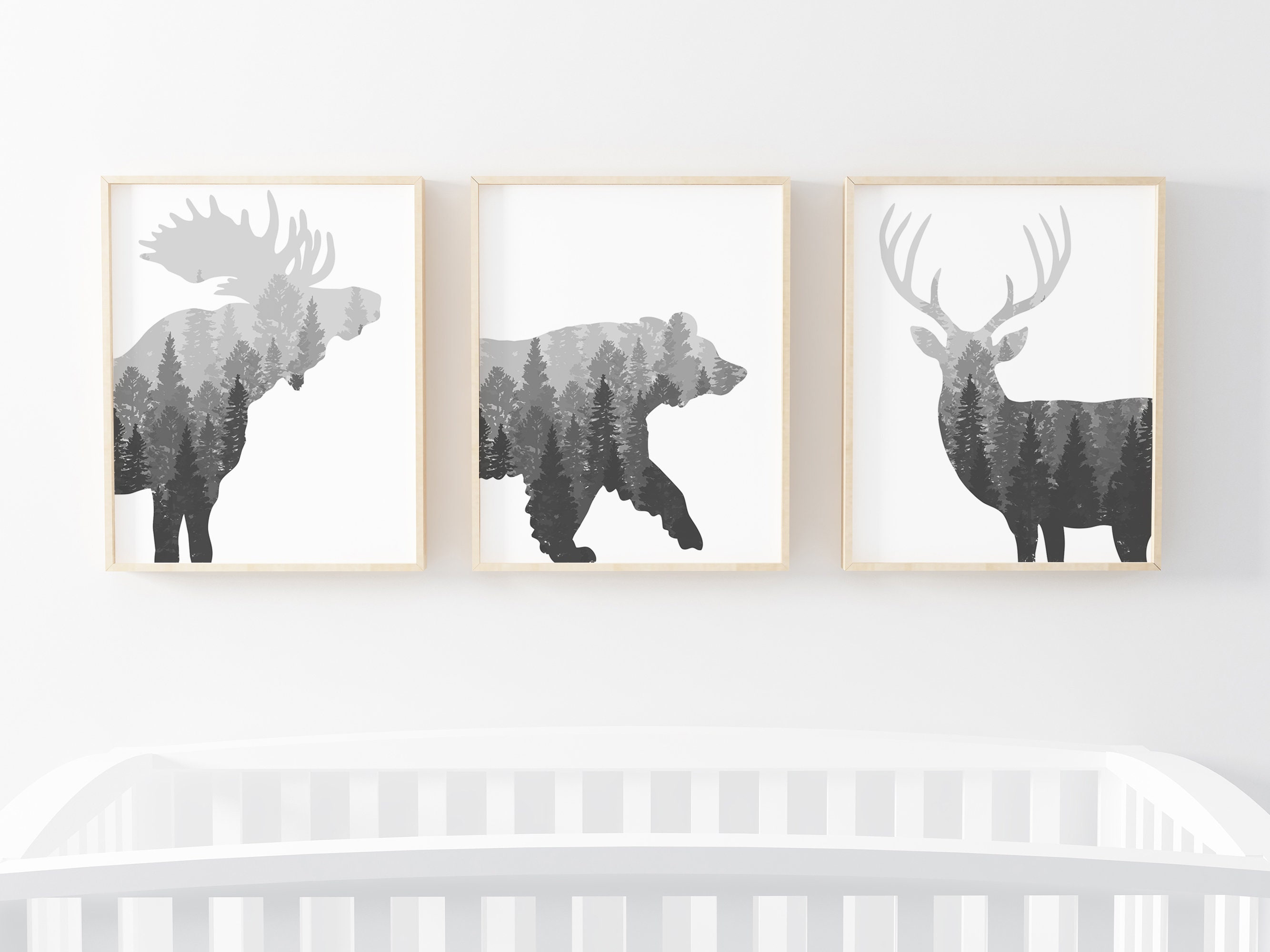 Woodland Nursery Decor, Set of 3 Prints, Gray Woodland Wall Art, Boy ...