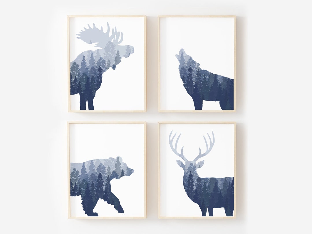 Woodland Nursery Decor, Set of 4 Prints, Woodland Wall Art, Blue Boy ...