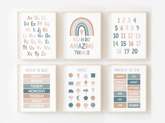 Classroom decor, Playroom wall decor, Educational prints, Set of 6 prints, neutral playroom print, Neutral Classroom Decor,  NTL1