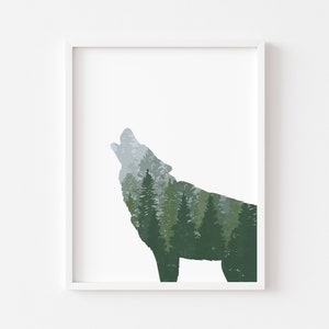 May include: Framed art print featuring a howling wolf silhouette filled with a forest scene. The artwork uses shades of green and gray against a white background. The print is encased in a white frame.