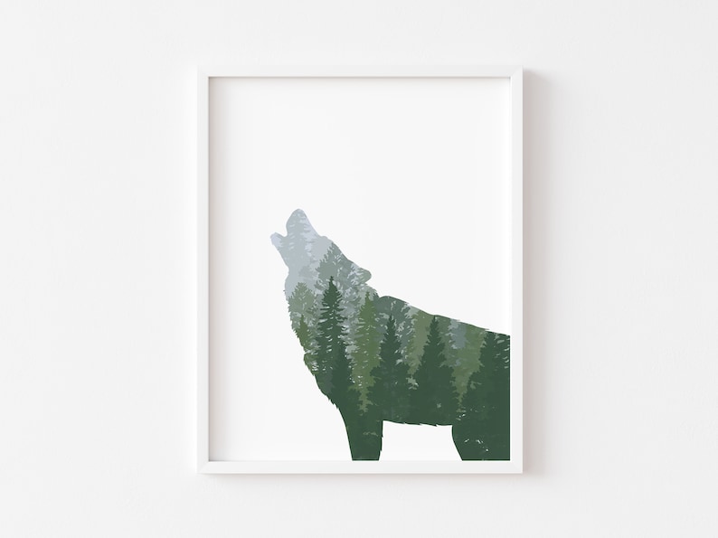 May include: Framed art print featuring a howling wolf silhouette filled with a forest scene. The artwork uses shades of green and gray against a white background. The print is encased in a white frame.