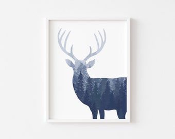 Woodland Nursery Decor, Deer wall art, Blue woodland wall art, boy nursery prints, Outdoor nursery print, Deer nursery print