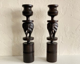 A Pair of Ebony Candle Sticks, Hand carved with Elephants in African hard wood; Vintage Set