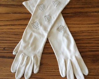 Vintage Unique Ivory Cotton Long embroidered DRESS GLOVES Mesh Inserts with Flowers West Germany 6.5 Formal Gloves FREE Shipping