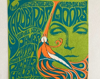 The Doors 1967 Postcard, Psychedelic poster art, Yardbirds playbill Fillmore West, Bill Graham, Summer of Love Art, Hippie Art
