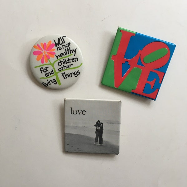 Rare Lot of 3 Original Vintage LOVE Peace Pins, Pinback Buttons, War is Not healthy for Children and Other Living Things, Robert Indiana