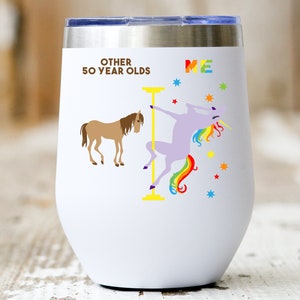 50th Birthday Gift For 50 Year Old Turning 50 Rainbow Unicorn Insulated Wine Tumbler 12oz Travel Cup Birthday Gift Gay Pride LGBTQ Gift