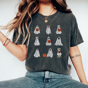Peut inclure: Un t-shirt gris fonc&eacute; avec un imprim&eacute; graphique de chiens d&eacute;guis&eacute;s en fant&ocirc;mes pour Halloween. Les chiens portent des draps blancs et certains tiennent des citrouilles. Le t-shirt a un aspect vieilli.