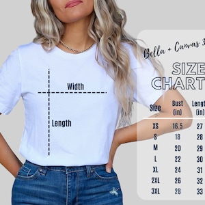 May include: Bella + Canvas 3001 size chart for t-shirts. The chart shows bust and length measurements in inches for sizes XS to 3XL.