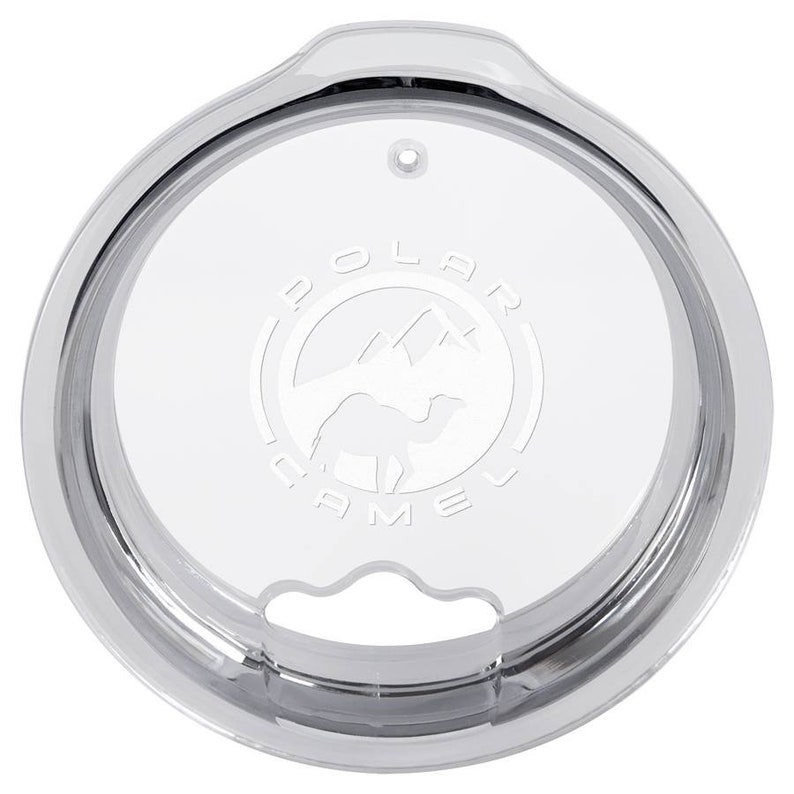 May include: A clear plastic lid with a silver rim and a small hole in the center. The lid has a logo that says "Polar Camel" with a camel and mountains inside a circle.