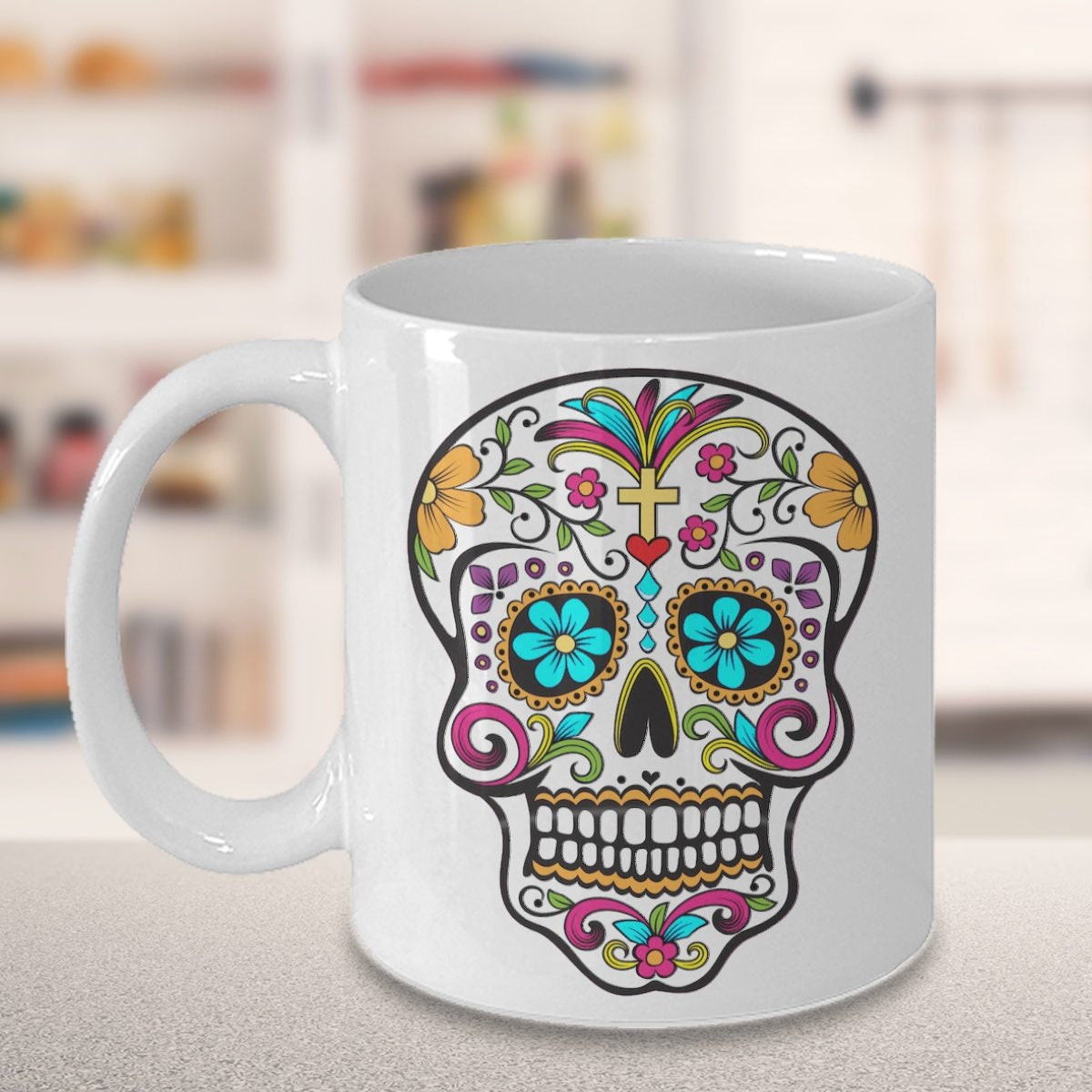 Dia de Muertos Handle Whi Sugar Skull Calavera Ceramic  Mug Day of the Dead 