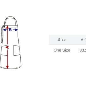 May include: A size chart for an apron with two pockets. The chart shows the measurements for the apron's length (A) and width (B) in inches. One size is 33.23 inches long and 27.72 inches wide.