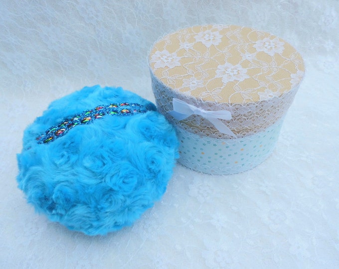 Turquoise Powder Puff and Powder Box. Sparkly Finger Strap. Etsy UK