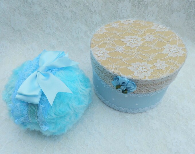 Blue Powder Puff and Powder Box. Super Soft and Fluffy. Vegan Etsy UK
