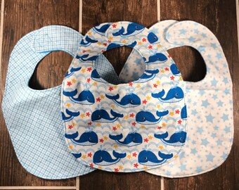 Baby Boys Bibs - Whale Theme - Traditional Bibs - 3 Coordinating Bibs