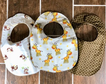 Baby Boy Flannel Bibs- 3 pack Coordinating bibs - Jungle animal theme - Traditional Bibs