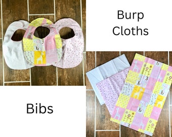 Flannel Baby Girl Burp Cloths and Bibs - 3 pack Coordingating bibs or burp cloths - Baby Block & Polka Dot - Pink, Yellow, Brown