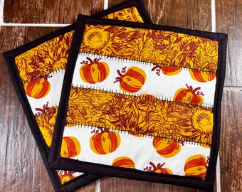Quilted Pumpkin Sunflower Pot Holders, Fall Decor, Set of 2