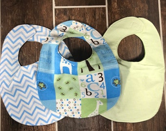 Flannel Baby Boy Bibs- 3 pack Coordinating bibs - Baby Blocks, Stripes, & Chevron - Blue and Green