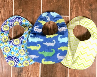 Baby Boy Flannel Bibs - 3 pack Coordinating bibs - Alligator theme - Traditional bibs