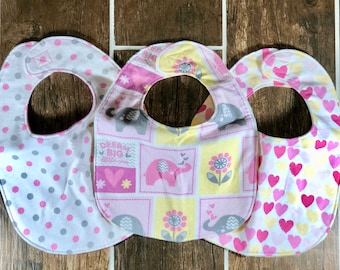Baby Girl Flannel bibs - 3 pack coordinating bibs - Baby block, hearts and dots - Traditional Bibs